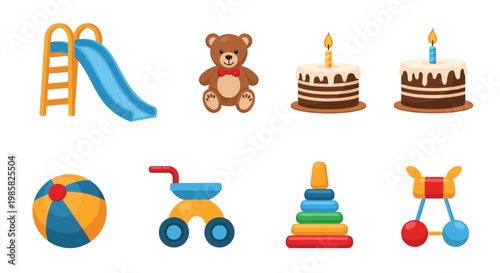 Colorful children s toys including a bear cakes and play structures