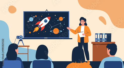 Illustration of a Rocket Launching into Space During a Presentation.