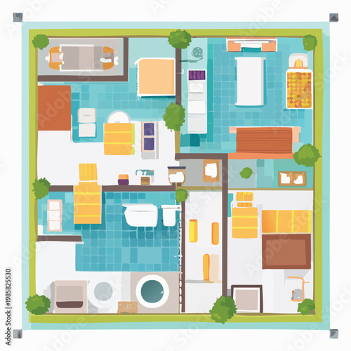 Overhead view of a modern apartment floor plan with interior rooms and furnishings flat design vector living room real estate apartment interior top view residential furniture architecture