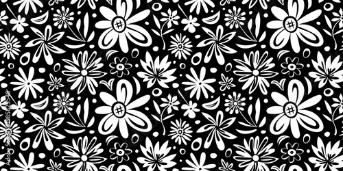 Decorative floral leaf and flowers seamless pattern, hand outline drawing, white on a black background, vector design