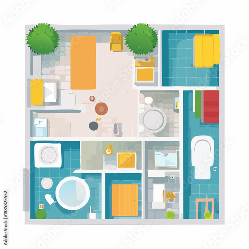 Top-down view of a compact apartment floor plan with essential rooms and amenities flat design illustration real estate apartment interior residential furniture architecture illustration