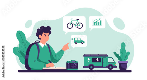 Illustration of a Person Planning Transportation and Financial Growth.