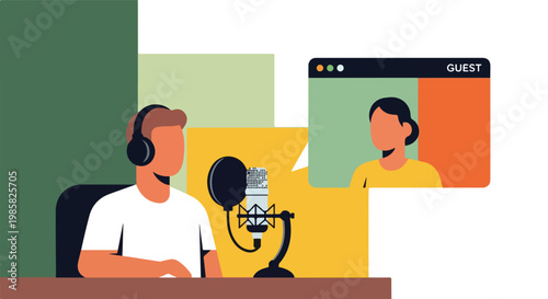Person recording a podcast with a remote guest on a laptop screen illustration