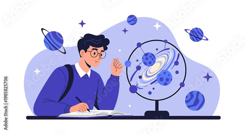 Illustration of a young man studying planets and the solar system.