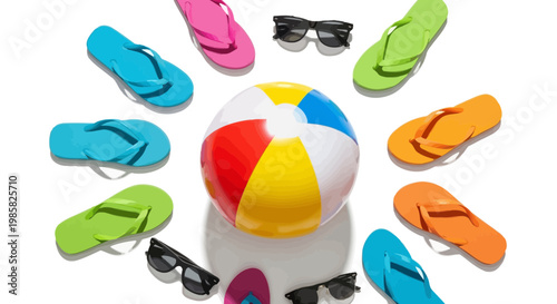 Beach, summer, flip flops, sunglasses, colorful beach ball, vacation, leisure