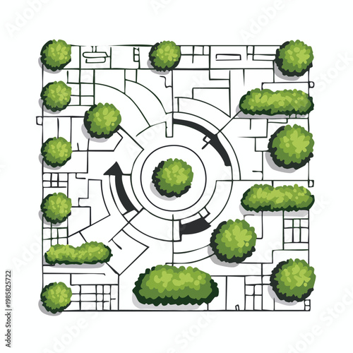 Top-down view of a garden plan with circular and linear pathways and various shrubbery landscape design circular path ornamental plants landscape architecture site plan urban planning blueprint