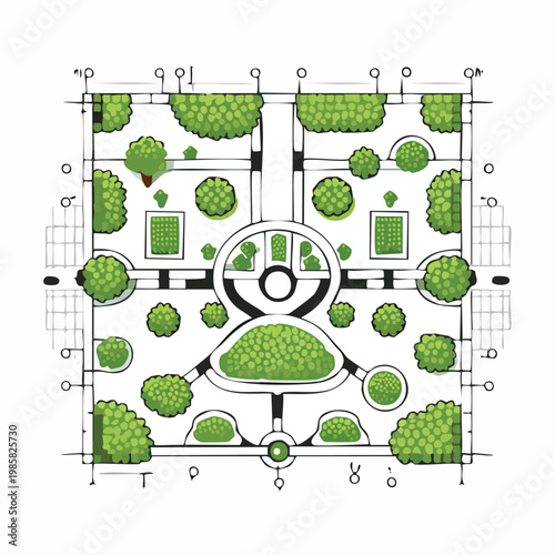 Detailed top-down garden plan showcasing symmetrical layouts pathways diverse plant arrangements landscape design plant arrangement ornamental plants landscape architecture site plan