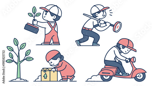 Professional Service Worker Characters Set Including Delivery Courier Gardener and Logistics Staff Illustration
