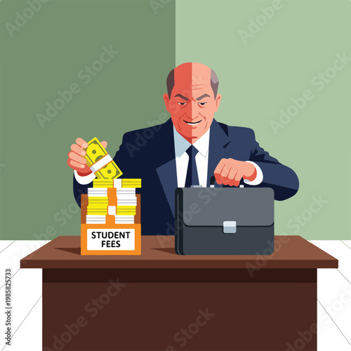 A corrupt businessman in a suit adds a stack of cash to a box of student fees