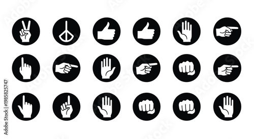 Collection of black silhouette hand gestures within circular frames