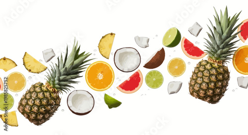 Tropical fruit icons, colorful sliced citrus fruits, pineapple, summer food illustrations, vector graphics
