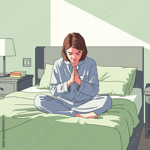 A woman in pajamas sits on a bed with hands folded in quiet morning prayer