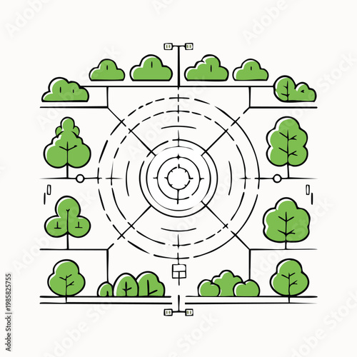 Stylized top-down view of a schematic garden layout with trees clouds a central circular pattern garden plan landscape design ornamental plants landscape architecture site plan park design