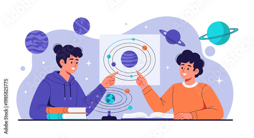 Illustration of two students studying the solar system.