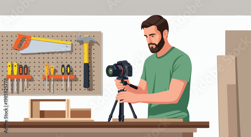 A bearded man in a workshop uses a camera on a tripod to film wood projects