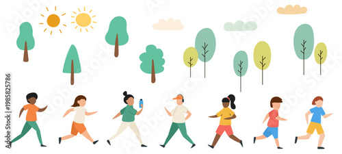 Infographic constructor kit with running people and trees. Set for outdoor scene and healthy lifestyle. Vector illustration