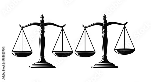A black and white illustration depicting two sets of scales of justice