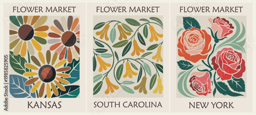 Trendy botanical Flower Market poster set with Kansas sunflower South Carolina jessamine and New York rose in modern naive groovy floral design