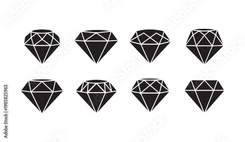 Eight Brilliant Diamond Facet Silhouettes Displayed in a Grid Against a White Background