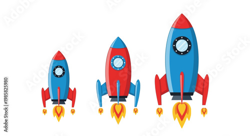 Three colorful rockets launching upwards with bright yellow flames