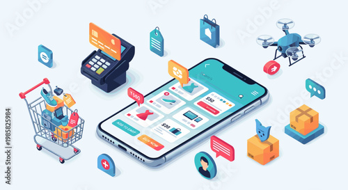 E-commerce mobile app with shopping cart drone and cash register in colorful isometric style for online shopping