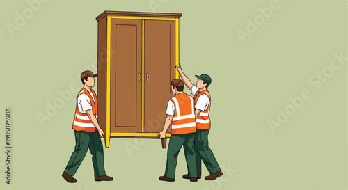 Three workers in safety vests are lifting and moving a large wooden wardrobe unit
