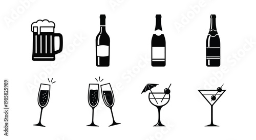 Black and white illustration of various alcoholic beverages and cocktails