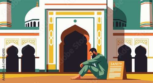 A bearded man sitting on the ground outside a mosque next to a safety sign