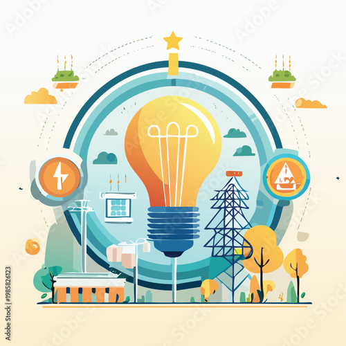 Electricity power grid and energy infrastructure with lightbulb and pylon vector illustration power lines power station lightning bolt smart meter green energy eco friendly energy crisis