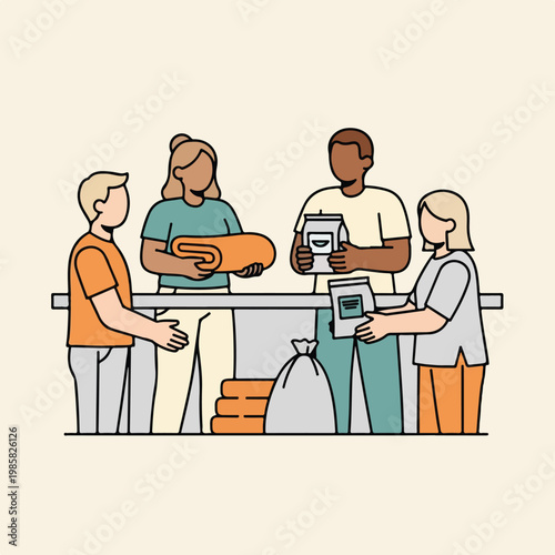 Diverse group of people volunteering by packing food and supplies at a table