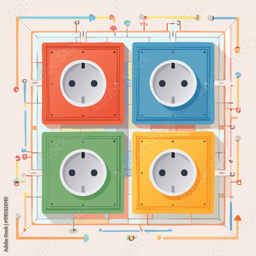 Four colorful european type f schuko electrical outlets connected in a square grid with visible circuit lines illustrating power distribution technology electrical plug power socket wall socket