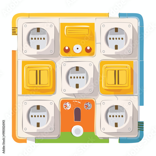 Grid of electrical outlets switches and control panel vector illustration with electrical outlet power socket smart home electrical system wall socket house wiring remote control electricity