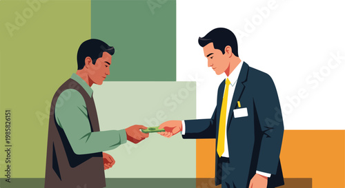 A person in business attire hands a stack of money to another man in an office