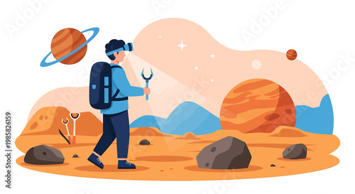 Man with VR headset and backpack exploring a virtual planet.