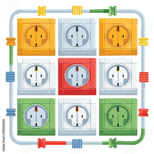 Nine european type f schuko electrical sockets arranged in a 3x3 grid connected by a robust pipe-like circuit structure for industrial power distribution electrical plug power socket wall socket