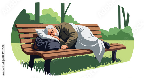 An elderly homeless man sleeps on a wooden park bench covered with a blanket