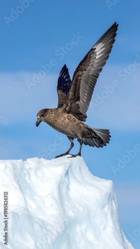 A seabird with outstretched wings perches atop an iceberg, set against a bright blue sky. Sunlight bathes the scene