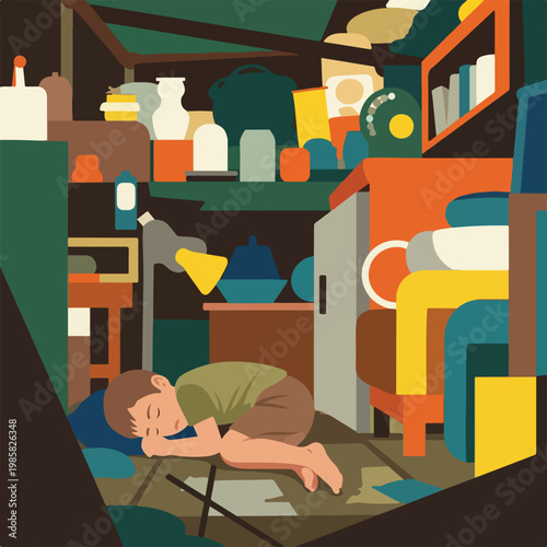 A young boy sleeping on the floor in a small room filled with many objects