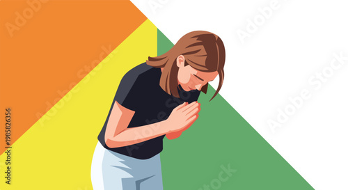 A young woman bowing with hands pressed together in a respectful, thankful pose