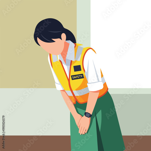 A female safety officer bowing politely, wearing a high-visibility yellow vest