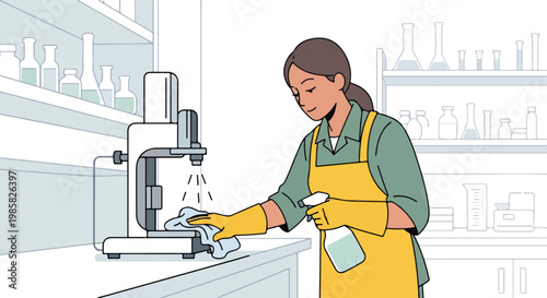A woman in an apron cleans a machine with a spray bottle and cloth in a lab