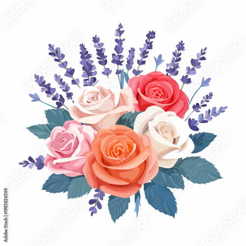 Ein frischer, liebevoll arrangierter Blumenstrauß aus eleganten Rosen und duftendem Lavendel.