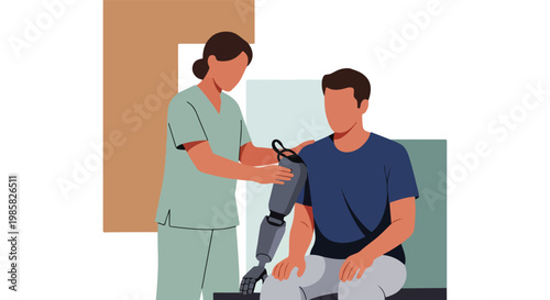 Healthcare professional adjusting a mechanical prosthetic arm for a male patient