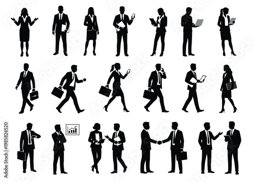 Business people silhouettes set. Office workers in various poses: presentation, meeting, walking, and working at desk. Vector isolated collection.