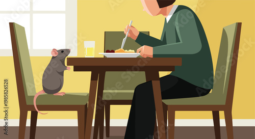 A person eating at a table with a small gray rat sitting on an adjacent chair