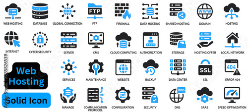Web Hosting solid icon set. web hosting icon set collection in solid glyph. pack contain server, domain, cloud, host, data, bandwidth, secure, storage, uptime, backup, website and more.