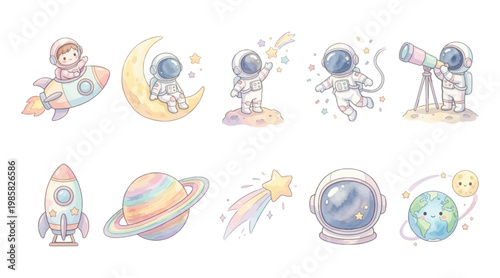 Watercolor Cute Astronaut Clipart Set — 10 Space Explorer Rocket Planet Moon Nursery Illustration