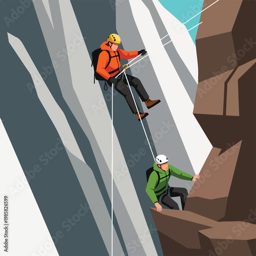 Two rock climbers rappelling down a steep mountain face with ropes and helmets