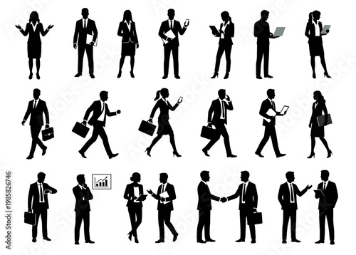 Business people silhouettes set. Office workers in various poses: presentation, meeting, walking, and working at desk. Vector isolated collection.