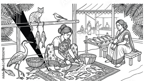 Detailed coloring page of indian women selling fresh fish in traditional village marketplace.